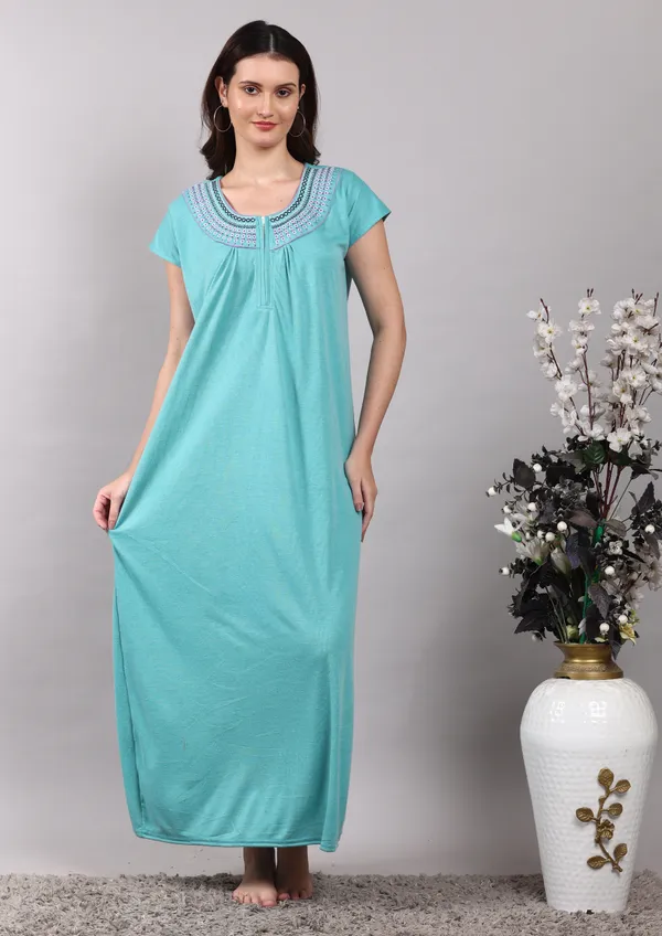 Green_Solid_Embroidery_Cotton_Nighty_For_Women_Best_for_Summer