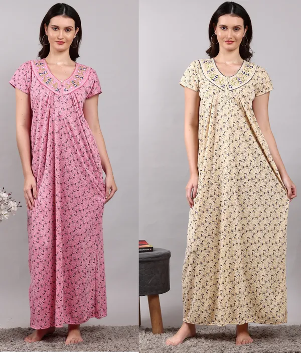 Pack_of_2_Pink_and_Yellow_Embroidery_Cotton_Nighty_For_Women