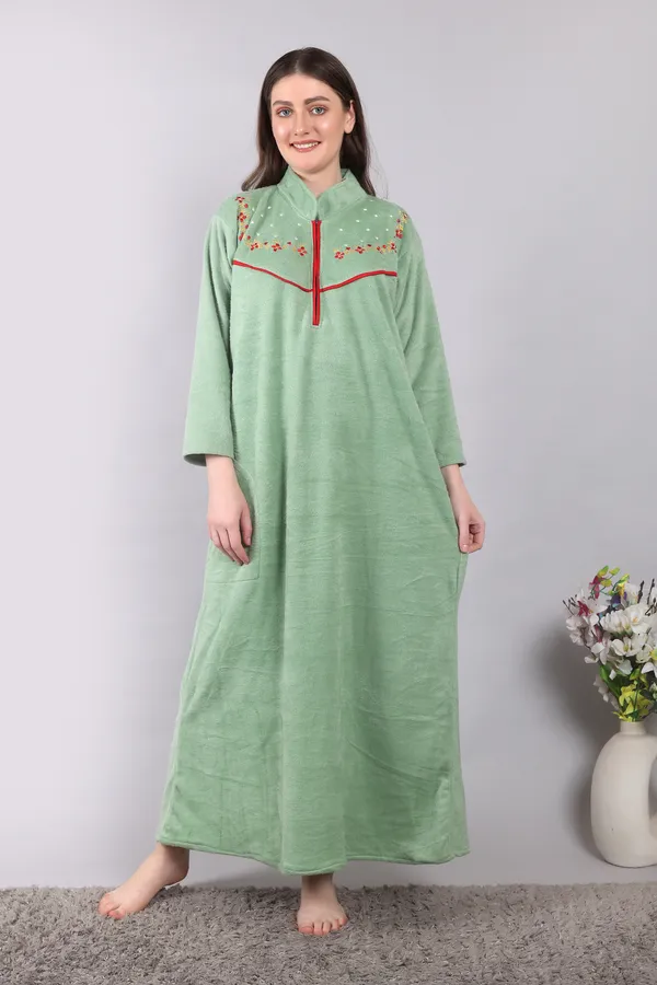 Light_Green_Woolen_Embroidery_Nighty_For_Women_With_Side_Pocket__and_front_Zip_