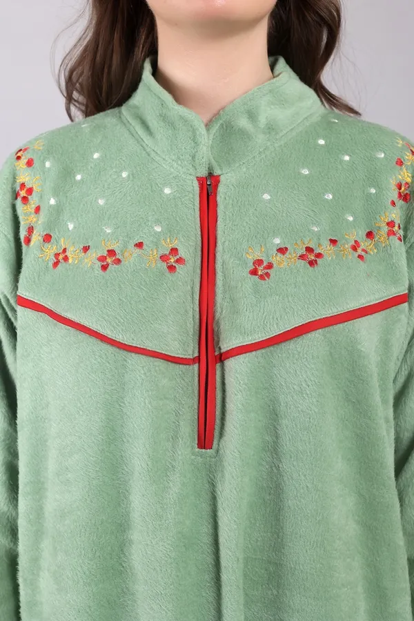Light_Green_Woolen_Embroidery_Nighty_For_Women_With_Side_Pocket__and_front_Zip_