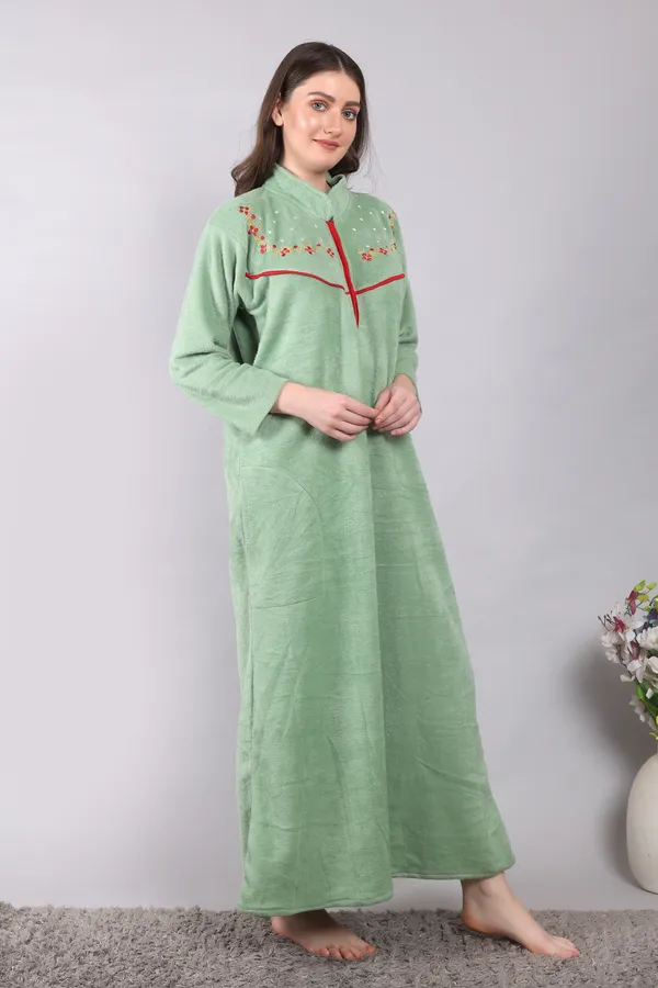 Light_Green_Woolen_Embroidery_Nighty_For_Women_With_Side_Pocket__and_front_Zip_