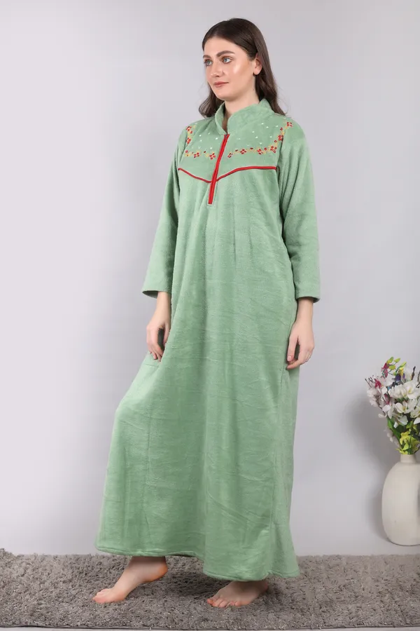 Light_Green_Woolen_Embroidery_Nighty_For_Women_With_Side_Pocket__and_front_Zip_