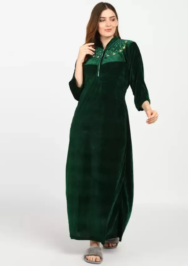 Dark_Green_Velvet_Solid_Nighty_For_Women