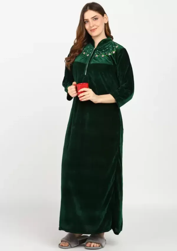 Dark_Green_Velvet_Solid_Nighty_For_Women