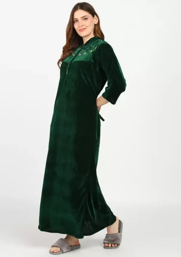 Dark_Green_Velvet_Solid_Nighty_For_Women