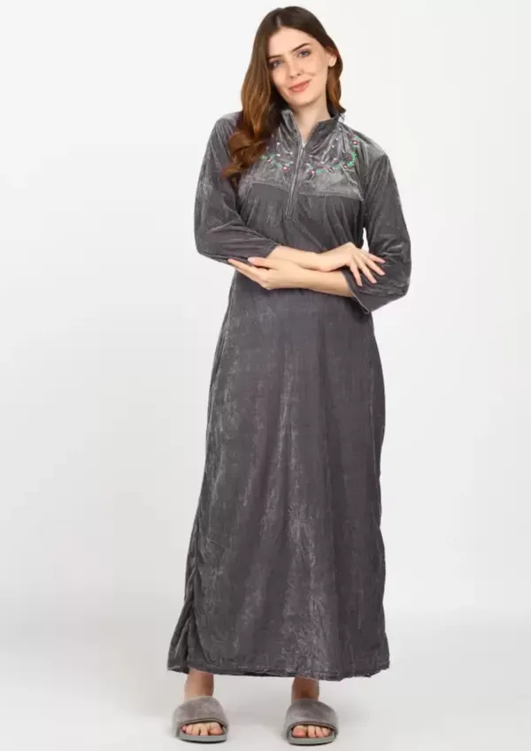 Grey_Velvet_Solid_Nighty_For_Women