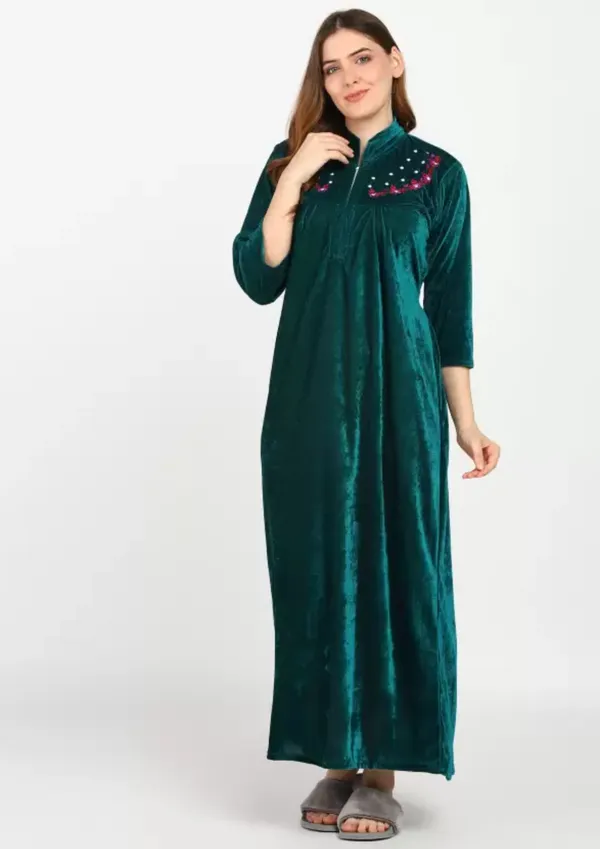 Sea_Green_Velvet_Solid_Nighty_For_Women