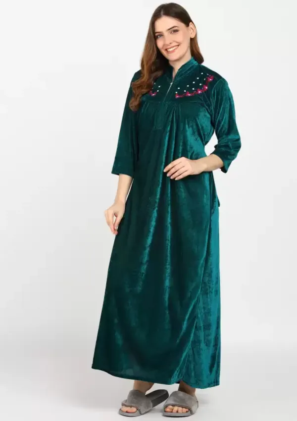 Sea_Green_Velvet_Solid_Nighty_For_Women