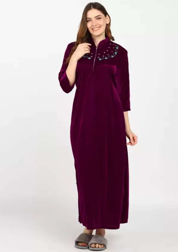 Wine_Velvet_Solid_Nighty_For_Women