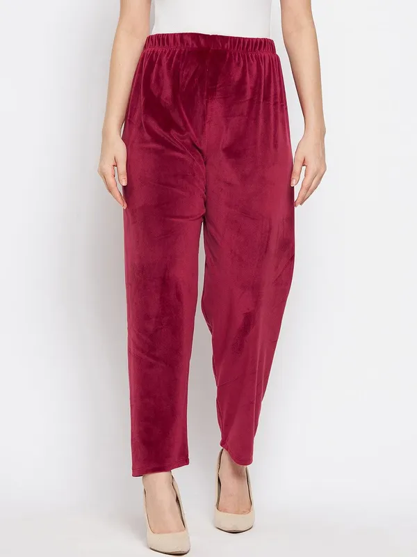 Maroon_Women’s_Velvet_Winter_Pajama_|_Soft_&_Warm_Solid_Track_Pants_|_Elastic_Waist_Casual_Lounge_Wear