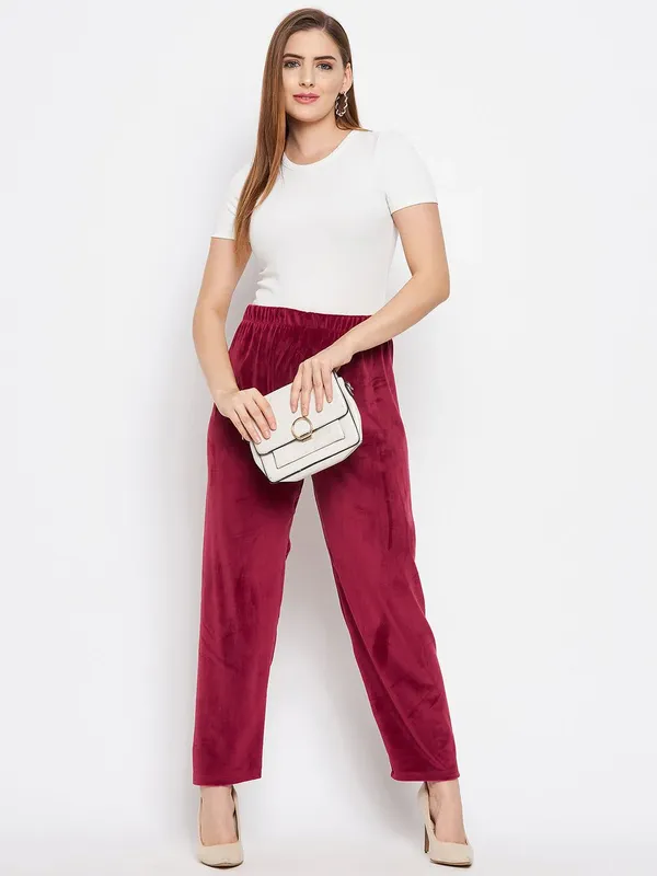 Maroon_Women’s_Velvet_Winter_Pajama_|_Soft_&_Warm_Solid_Track_Pants_|_Elastic_Waist_Casual_Lounge_Wear
