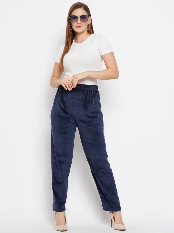 Navy_Blue_Women’s_Velvet_Winter_Pajama_|_Soft_&_Warm_Solid_Track_Pants_|_Elastic_Waist_Casual_Lounge_Wear