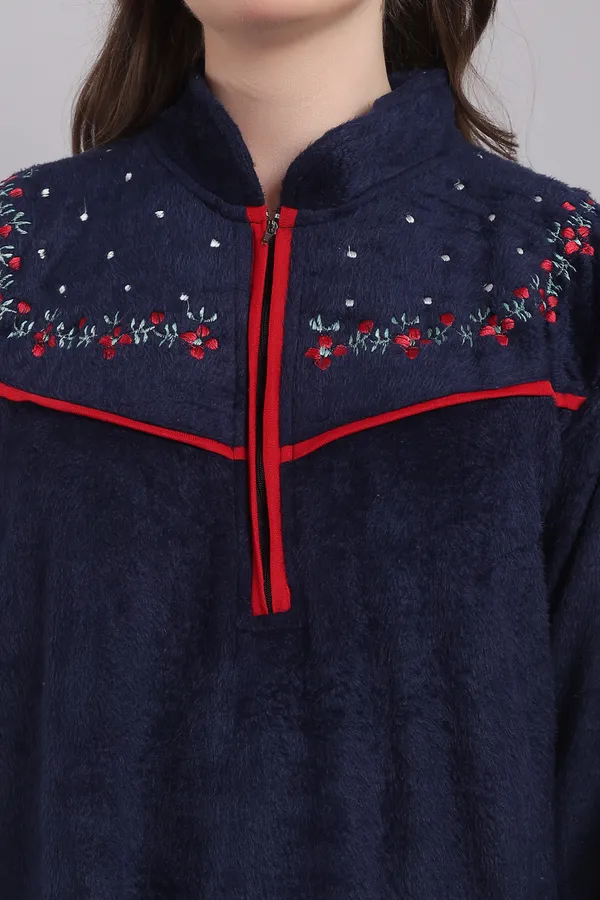 Navy_Blue_Woolen_Embroidery_Nighty_For_Women_With_Front_Zipper_and_side_pocket