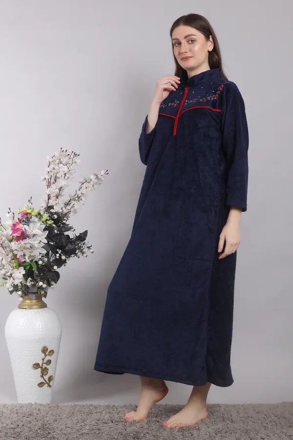 Navy_Blue_Woolen_Embroidery_Nighty_For_Women_With_Front_Zipper_and_side_pocket