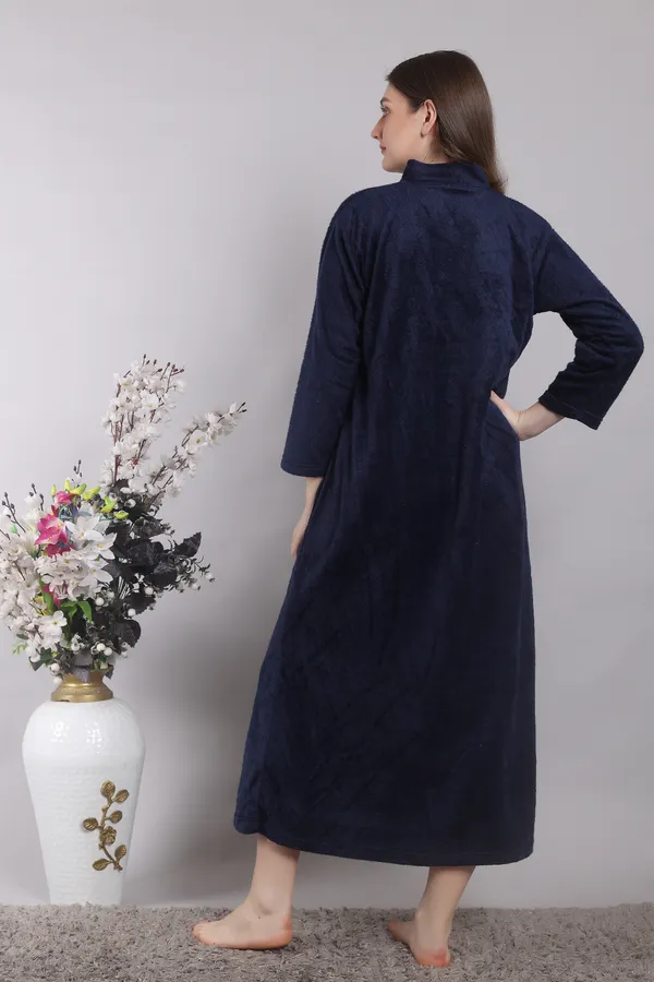 Navy_Blue_Woolen_Embroidery_Nighty_For_Women_With_Front_Zipper_and_side_pocket