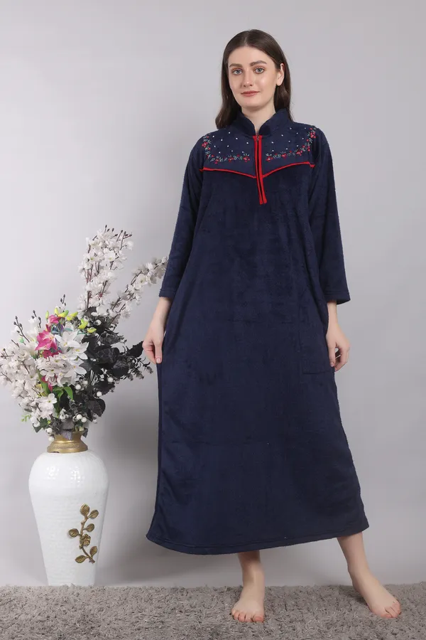 Navy_Blue_Woolen_Embroidery_Nighty_For_Women_With_Front_Zipper_and_side_pocket
