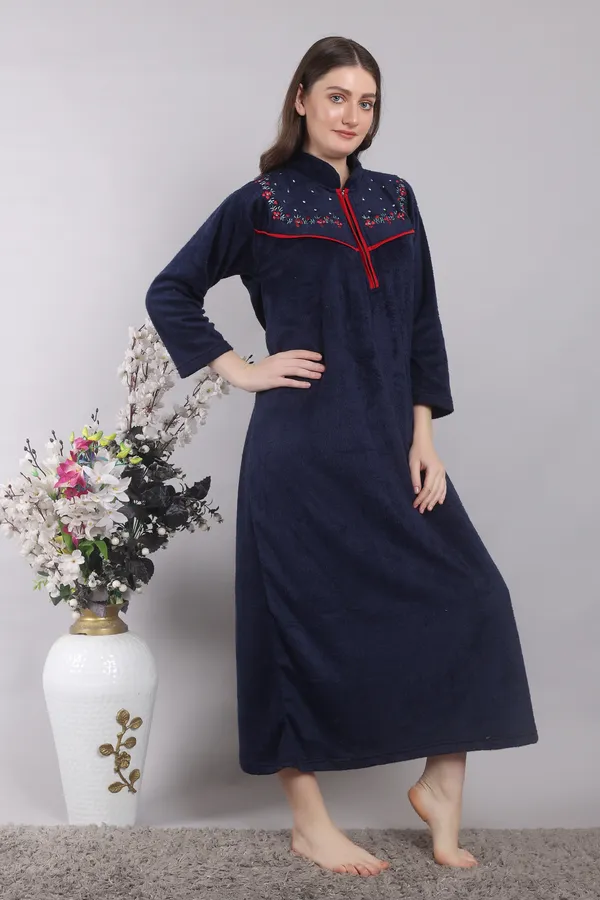 Navy_Blue_Woolen_Embroidery_Nighty_For_Women_With_Front_Zipper_and_side_pocket