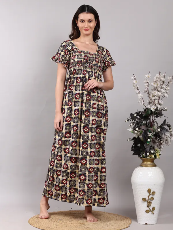 Navy_Rangoli_Print__Smoky_Design_Nighty_For_Women_best_for_Summer