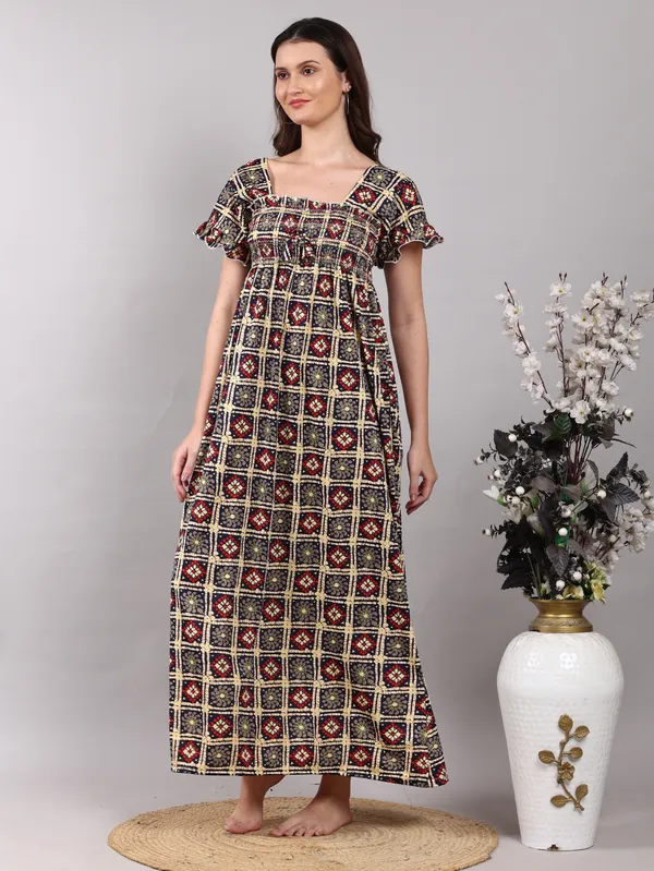 Navy_Rangoli_Print__Smoky_Design_Nighty_For_Women_best_for_Summer