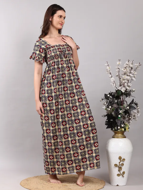 Navy_Rangoli_Print__Smoky_Design_Nighty_For_Women_best_for_Summer