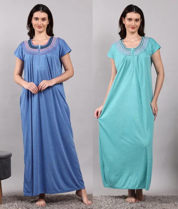 Pack_Of_2_Solid_Blue_and_Green_Cotton_Nighty_For_Women