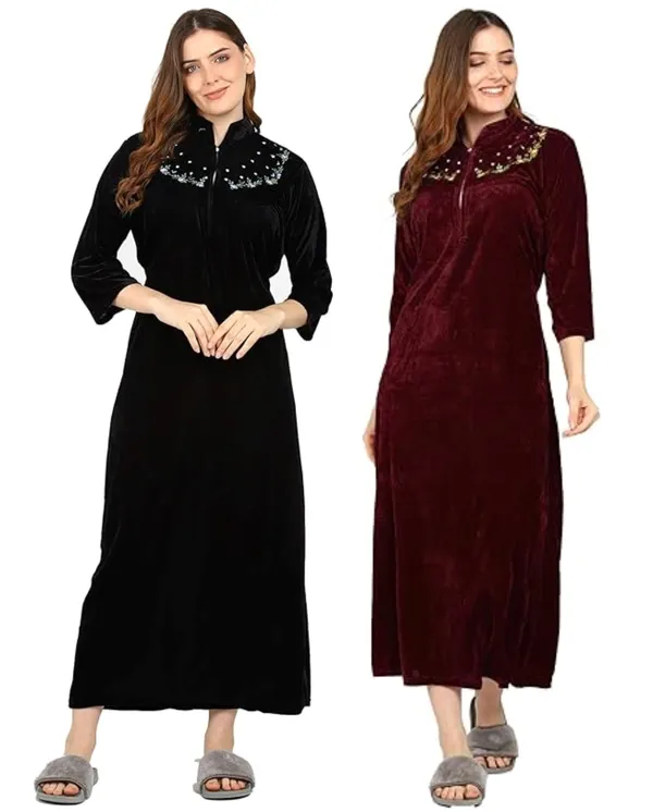 Pack_of_2_Black_and_Maroon_Embroidery_Velvet_nighty_For_Women