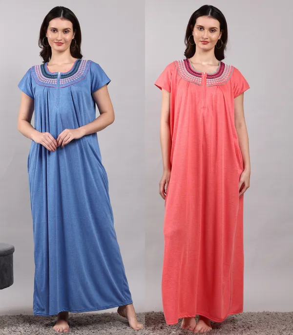 Pack_of_2_Blue_and_Orange_Cotton_Embroidery_Nighty_For_Women