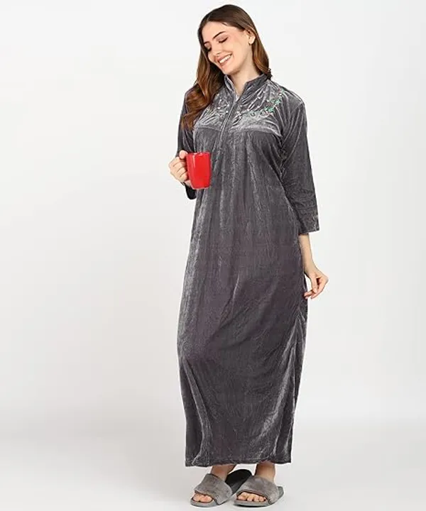 Pack_of_2_Dark_Green_and_Grey_Velvet_Nighty_For_Women