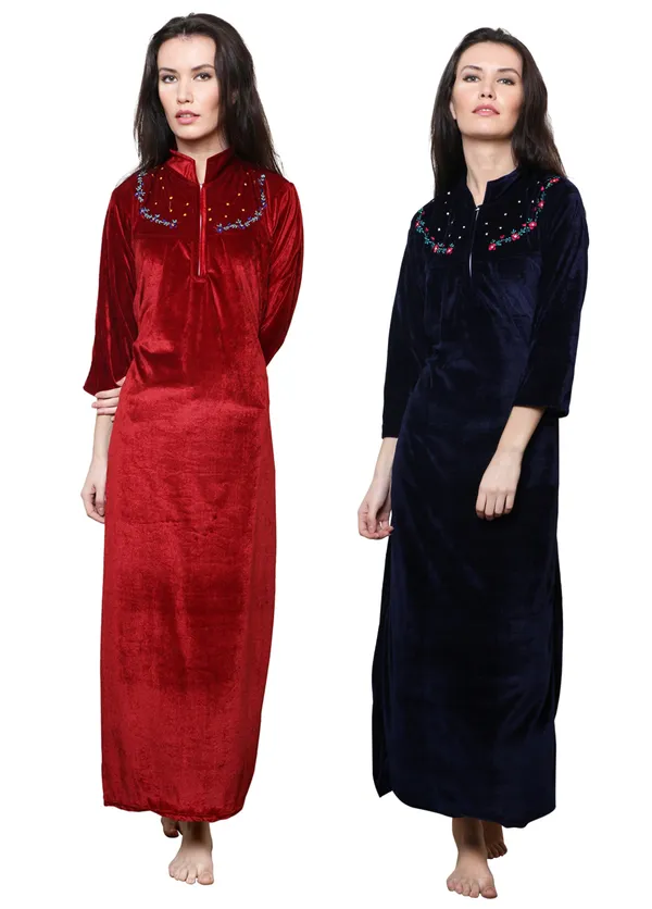 Pack_of_2_Maroon_and_Navy_Velvet_Nighty_For_Women