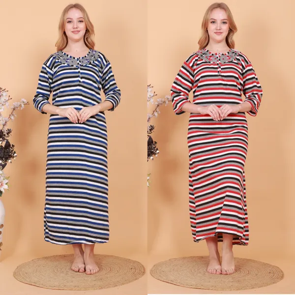 Pack_of_2_Woolen_Nighty_|_Multicolor_Fleece_/_Cotswool_Embroidery_With_Stripe_Design_Maxi_For_Women