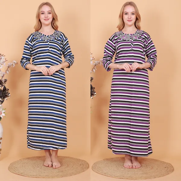 Pack_of_2_Woolen_Nighty_|_Multicolor_Fleece_/Cotswool_Embroidery_With_Stripe_Design_Maxi_For_Women