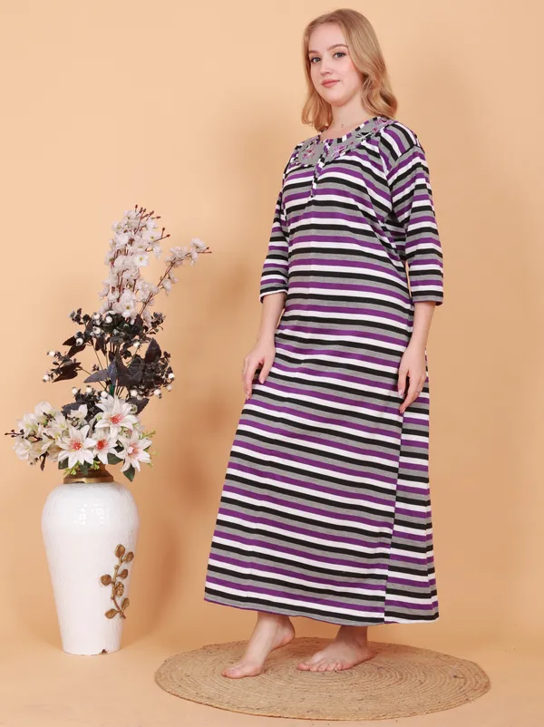 Pack_of_2_Woolen_Nighty_|_Multicolor_Fleece_/Cotswool_Embroidery_With_Stripe_Design_Maxi_For_Women
