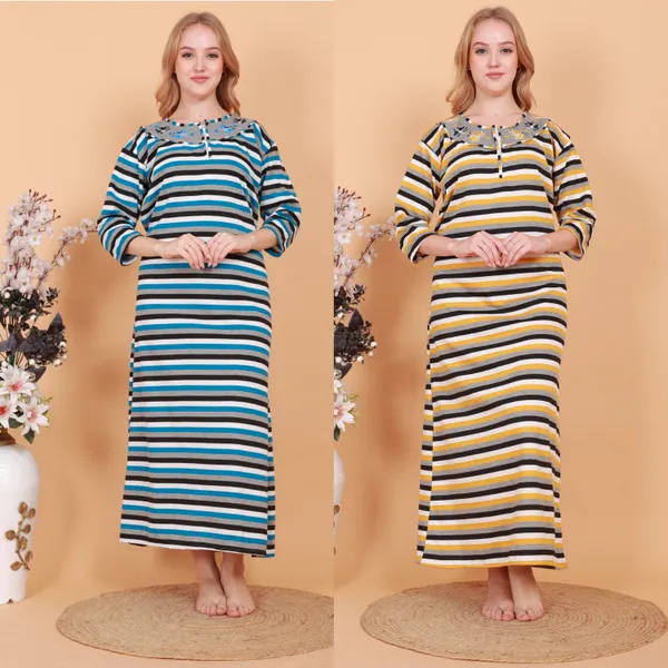 Pack_of_2_Woolen_Nighty_|_Multicolor_Fleece_/Cotswool_Embroidery_With_Stripe_Design_Maxi_For_Women