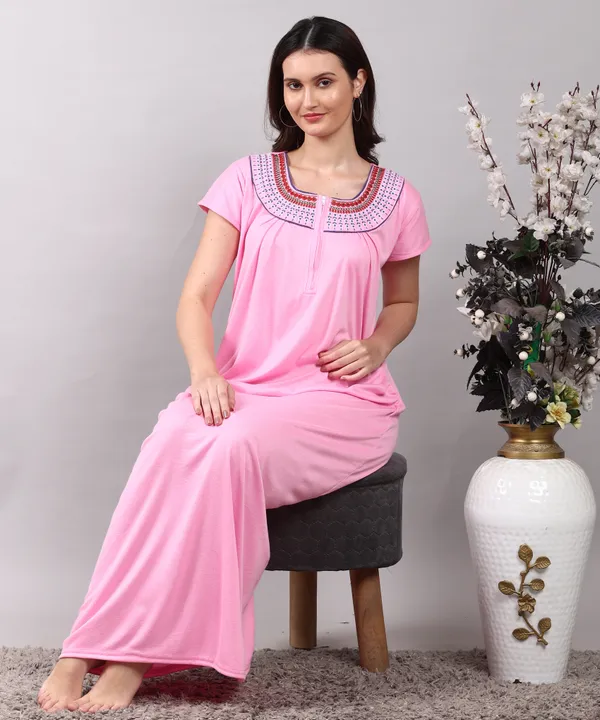 Pink_Cotton_Embroidered_Zipper_Nighty_for_women__with_Side_Pocket