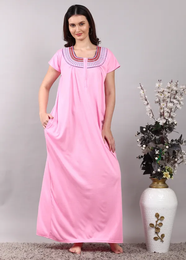 Pink_Cotton_Embroidered_Zipper_Nighty_for_women__with_Side_Pocket