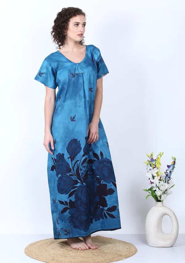 Blue_Cotton_Rose_Flower_Summer_Nighty_For_Women