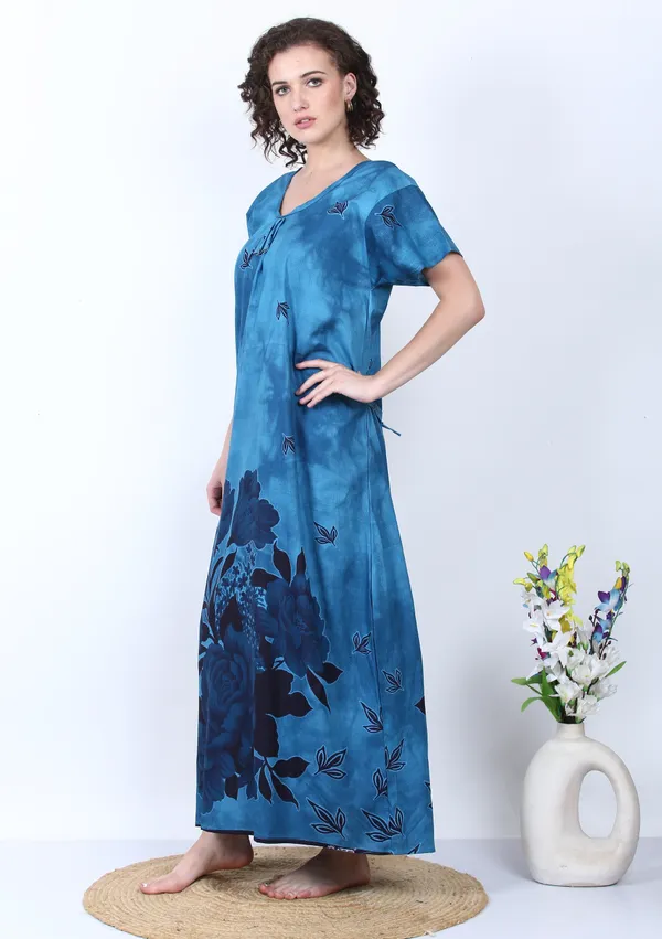Blue_Cotton_Rose_Flower_Summer_Nighty_For_Women