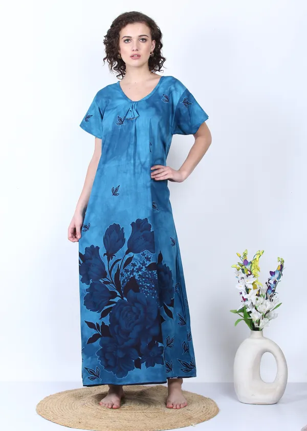 Blue_Cotton_Rose_Flower_Summer_Nighty_For_Women