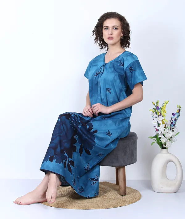 Blue_Cotton_Rose_Flower_Summer_Nighty_For_Women