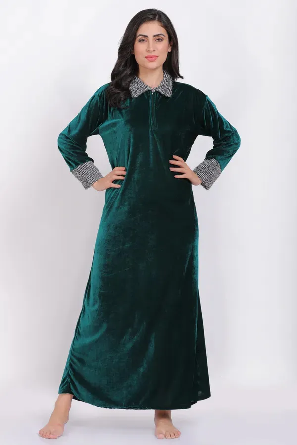 Sea_Green_Velvet_Nighty_For_Women