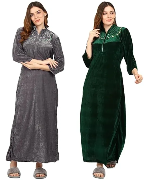 Pack_of_2_Dark_Green_and_Grey_Velvet_Nighty_For_Women
