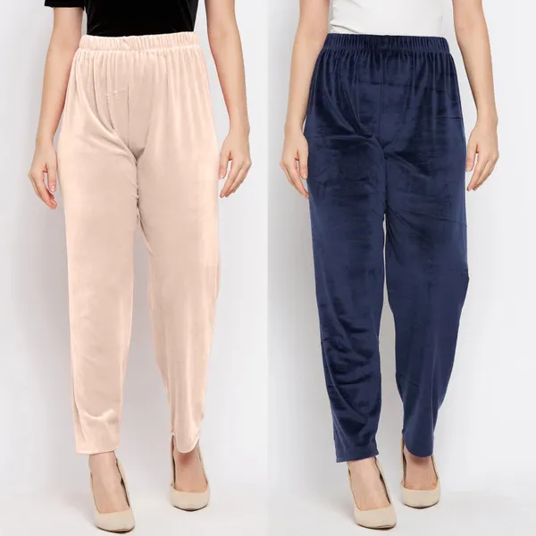 Women’s_Velvet_Winter_Lower_Pajama_Pack_of_2_|_Beige_&_Navy_|_Soft_Warm_Fabric_|_Elastic_Waist_Casual_Track_Pants