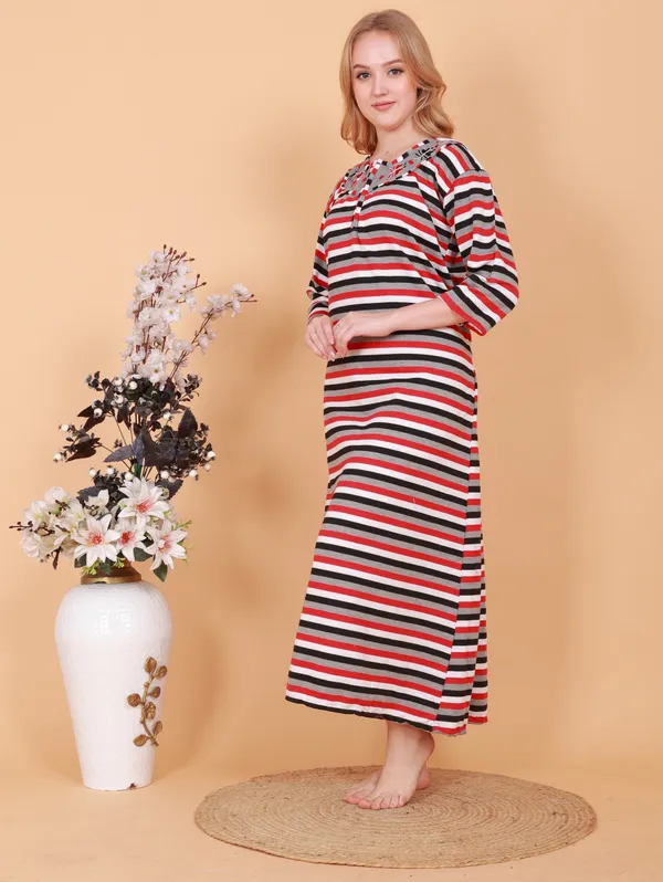 Multicolor_Fleece_Embroidery_With_Stripe_Nighty_For_Women