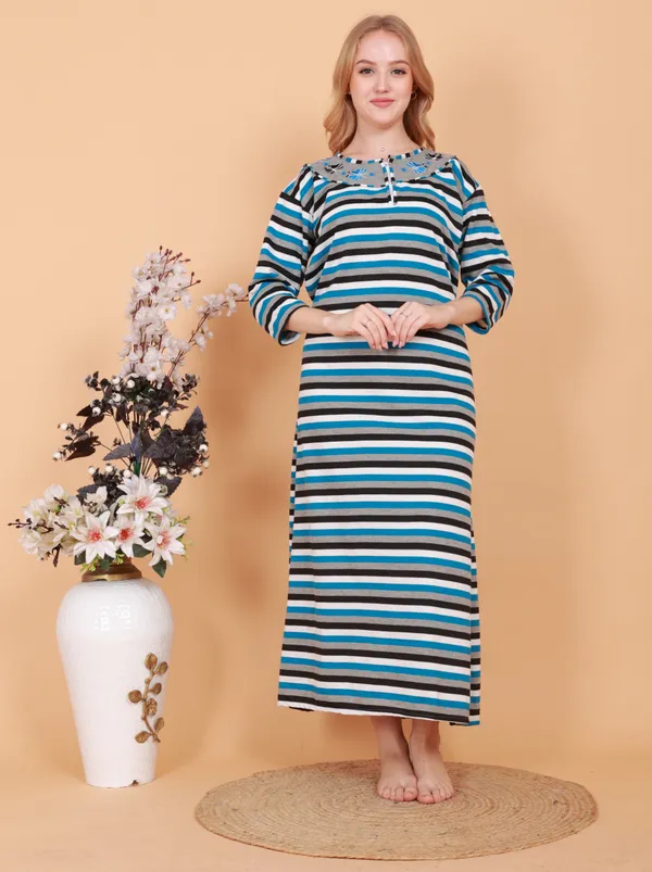 Multicolor_Fleece_Embroidery_With_Stripe_Nighty_For_Women