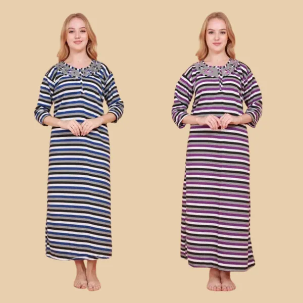 Pack_of_2_Woolen_Nighty_|_Multicolor_Fleece_/Cotswool_Embroidery_With_Stripe_Design_Maxi_For_Women