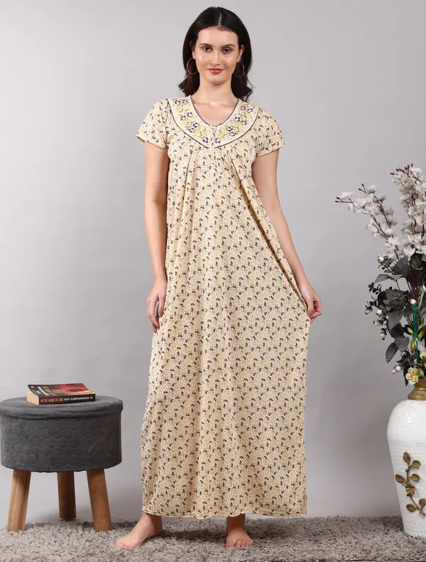 Yellow_Cotton_Hosiery_Embroidery__nighty_for_women