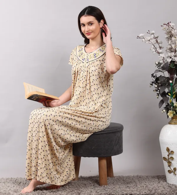 Yellow_Cotton_Hosiery_Embroidery__nighty_for_women