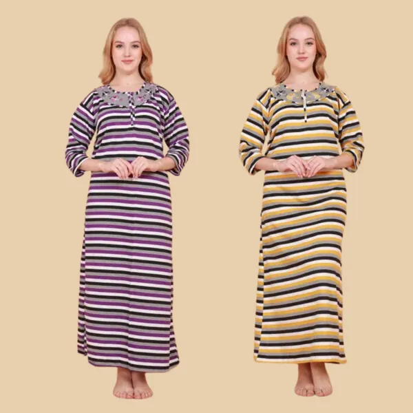 Pack_of_2_Woolen_Nighty_|_Multicolor_Fleece_/_Cotswool_Embroidery_With_Stripe_Design_Maxi_For_Women