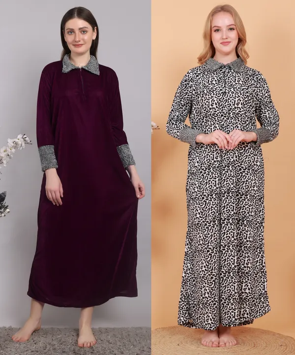 Pack_of_2_Woolen_Nighty_|_White_and_Wine_Velvet_Maxi_For_Women
