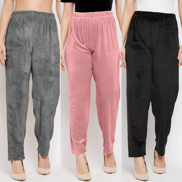 pack_of_3_Women_velvet_winter__pajama_|_Soft_&_Warm_Elastic_Waist_Lounge_Pants_